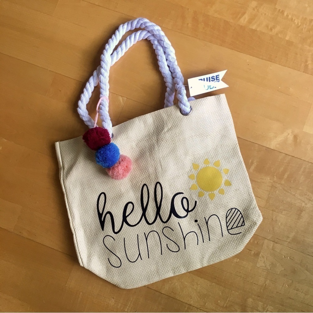 Cruise Club “Hello Sunshine” Straw Tote Bag, Rope Handles, Tan, Black, Yellow - Picture 4 of 16